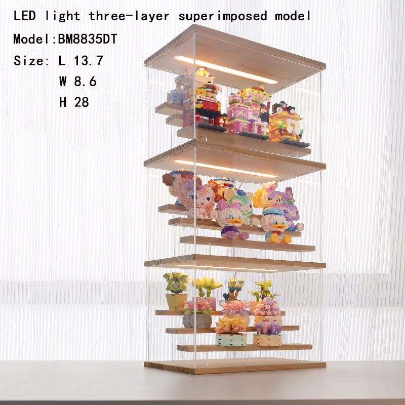 Multi-layer superposable display cabinet with lamp