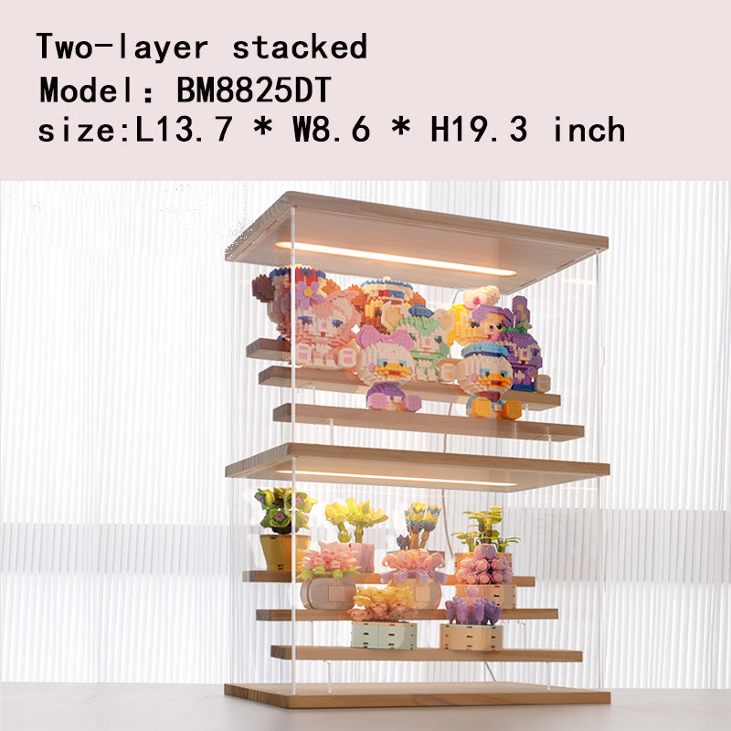 Multi-layer superposable display cabinet with lamp