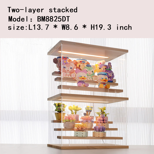 Multi-layer superposable display cabinet with lamp